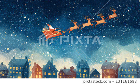 跑在夜空的聖誕老人和馴鹿 131161688