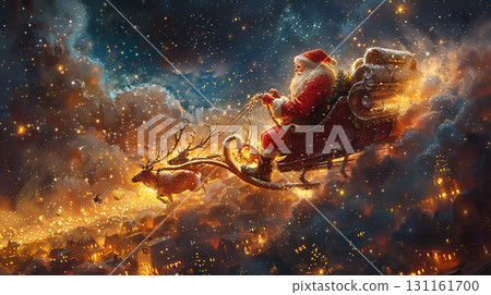 聖誕老人和他閃亮的雪橇飛過星空 聖誕老人和他閃亮的雪橇飛過星空 131161700