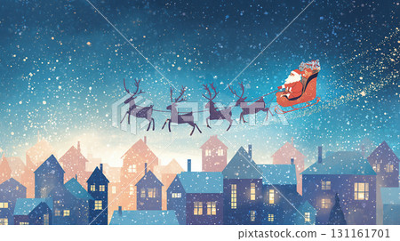 聖誕老人和馴鹿飛過白雪皚皚的城市景觀 聖誕老人和馴鹿飛過白雪皚皚的城市景觀 131161701