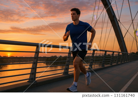 Runner enjoys vibrant sunset jog across a modern bridge overlooking a calm river in the early evening Runner enjoys vibrant sunset jog across a modern bridge overlooking a calm river in the early evening 131161740