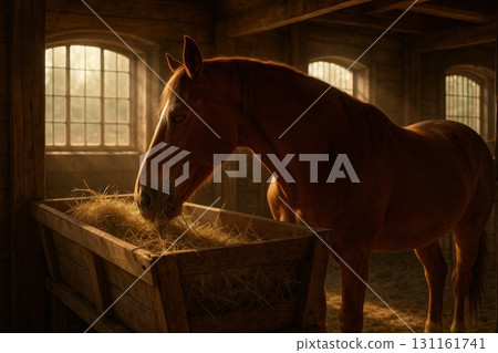 Horse feeding in a rustic stable during early morning light creates a warm and tranquil atmosphere Horse feeding in a rustic stable during early morning light creates a warm and tranquil atmosphere 131161741