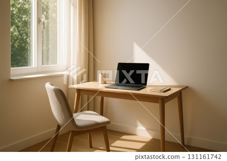 Simple workspace with natural light in a minimalist room suitable for studying or working remotely during the day 131161742