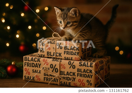 Playful kitten exploring Black Friday sale packages under twinkling Christmas lights 131161762