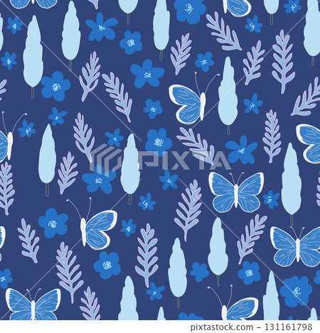 Adonis blue butterfly and Japanese umbrella pine seamless pattern. Summer background. Texture for fabric, wrapping, wallpaper. Vector illustration. Adonis blue butterfly and Japanese umbrella pine seamless pattern. Summer background. Texture for fabric, wrapping, wallpaper. Vector illustration. 131161798