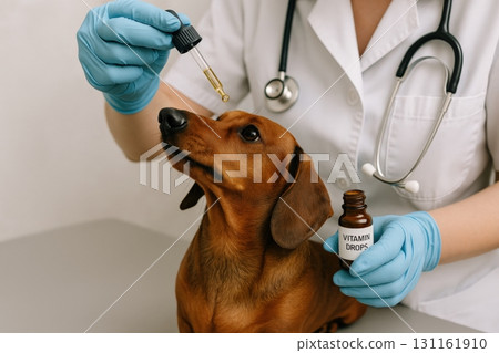 Veterinarian administering vitamin drops to a dachshund in a clinical setting during a health check-up 131161910