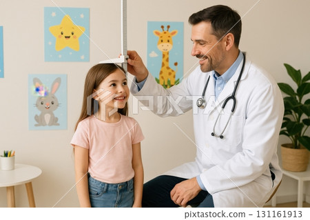 Doctor measuring height of young girl in cheerful pediatric office decorated with colorful animal illustrations Doctor measuring height of young girl in cheerful pediatric office decorated with colorful animal illustrations 131161913