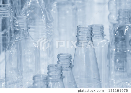 The various type of plastic bottles container in the light blue scene. 131161976