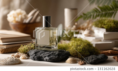 Mockup perfume bottle on rocks and green moss. Light beige background, an empty label ready for your brand. This elegant luxury spray is a beautiful display of natural simplicity. 131162028