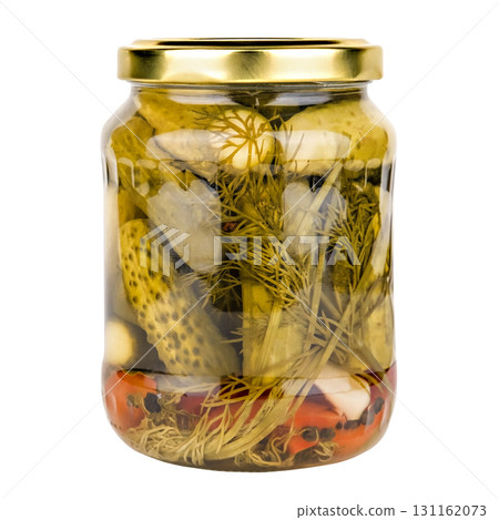 A jar of pickles on an isolated white background A jar of pickles on an isolated white background 131162073