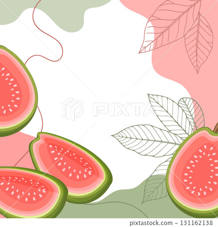 Guava fruits background. A composition of guava fruits with organic shapes and leaves on an abstract background. Card, banner, poster. 131162138