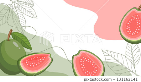 Guava fruits background. A composition of guava fruits with organic shapes and leaves on an abstract background. Card, banner, poster. 131162141