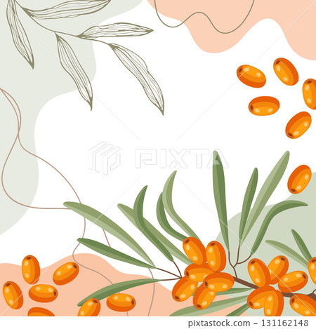 Sea buckthorn berries background. Composition of sea buckthorn berries with organic shapes and leaves on an abstract background. Card, banner, poster. Sea buckthorn berries background. Composition of sea buckthorn berries with organic shapes and leaves on an abstract background. Card, banner, poster. 131162148