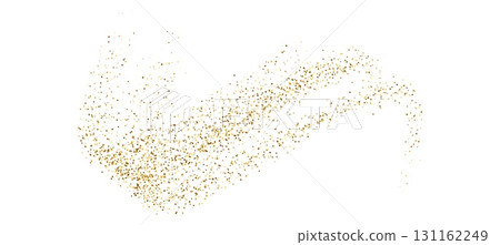 Gold stipple flow, glitter undulate pattern. Dynamic golden shimmer waves with small particles and shine effects. Golden vector curved dashed gradient net for holiday design, abstract background 131162249
