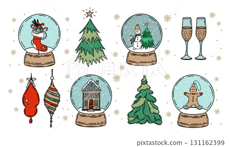Christmas set with snow globe with toy, Hand drawn illustration Christmas set with snow globe with toy, Hand drawn illustration 131162399