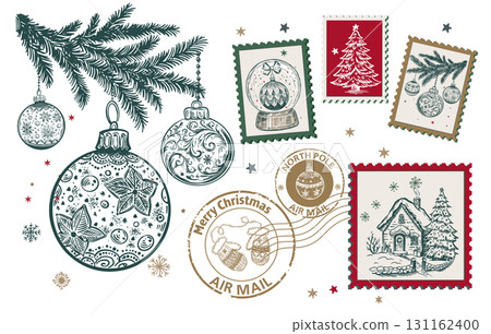 Christmas Stamps on white, mail, postcard hand drawn illustrations. Christmas Stamps on white, mail, postcard hand drawn illustrations. 131162400