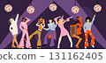 A Halloween disco party. People in various costumes are a ghost, a pumpkin, a skeleton, a witch. 131162405