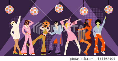 A Halloween disco party. People in various costumes are a ghost, a pumpkin, a skeleton, a witch. 131162405