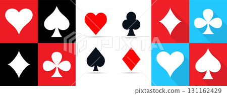 Colorful Playing Card Suits Icons Flat Set. Playing Card Suits spade, diamond, heart and club icons. Colorful Playing Card Suits Icons Flat Set. Playing Card Suits spade, diamond, heart and club icons. 131162429