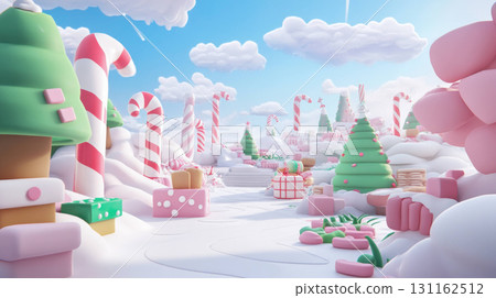 Whimsical candy cane forest with oversized treats and fluffy clouds 131162512