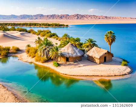 Aerial view of little huts on the bank of the blue lake with palm trees and green bushes in a desert. 131162609