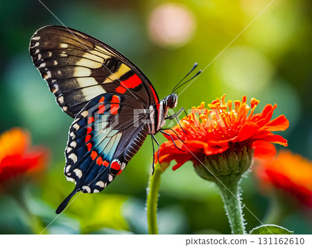 Closeup view of beautiful butterfly standing on a blooming orange flower. 131162610