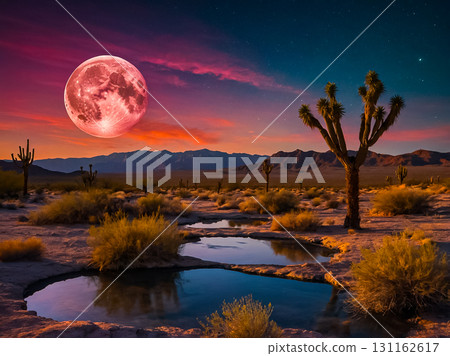 The twilight view of big full moon in the dramatic sky over the mountain and small puddles near joshua trees reflect the blue color of the sky. 131162617