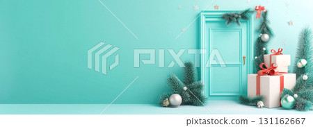 Inviting Christmas sale banner with welcoming door and gifts Inviting Christmas sale banner with welcoming door and gifts 131162667