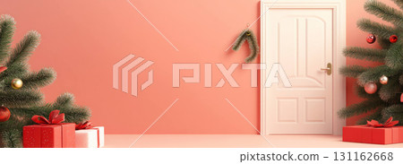 Welcoming Christmas scene with decorated trees and gifts Welcoming Christmas scene with decorated trees and gifts 131162668