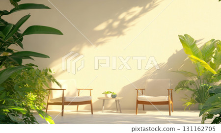 Cozy mid century chairs in lush green indoor setting Cozy mid century chairs in lush green indoor setting 131162705