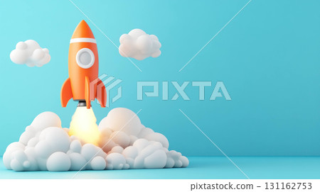 Orange rocket launching among fluffy clouds on blue background 131162753