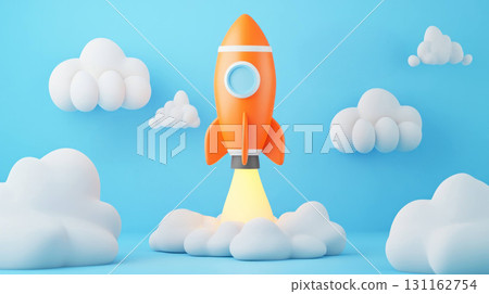 Orange rocket launching among fluffy clouds in blue sky 131162754