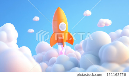 Orange cartoon rocket launching through fluffy clouds 131162756