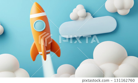 Orange rocket launching among fluffy clouds in blue sky 131162760