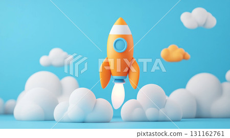 Orange rocket launching among fluffy clouds in blue sky 131162761