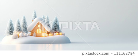 Cozy winter cabin with snow and pine trees, glowing warmly 131162784