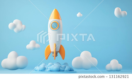playful rocket launching among fluffy clouds in blue sky 131162921