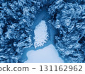 Aerial view of snowy forest and frozen lake in Plitvice Lakes 131162962