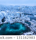Aerial drone view of turquoise lakes surrounded by snowy forest 131162983