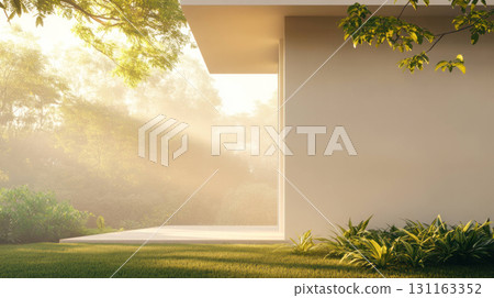 Modern minimalist house with sunlight and lush greenery 131163352