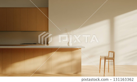 Minimalist kitchen with wooden cabinetry and natural light 131163362