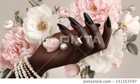Elegant dark brown feminine hand with long black nails, pearl jewelry, and soft pink and white peony flowers, graceful and luxurious 131163597