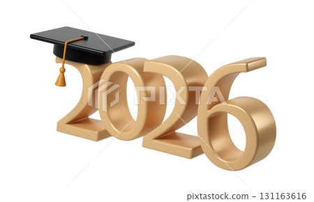 Academic achievement symbolized by graduation cap resting on golden 2026 education numerals, representing scholarly background transparent milestone 131163616