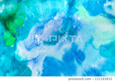 Real Hand Drawn Watercolor Blue and Green Wet Spots Background 131163632
