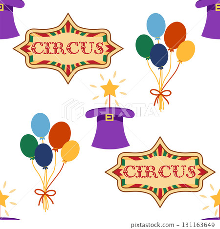 Seamless pattern with CIRCUS theme. Clowns, strongmen, lions, magic hat, hare in hat, holiday balloons tents. Circus characters. Cartoon flat style 131163649