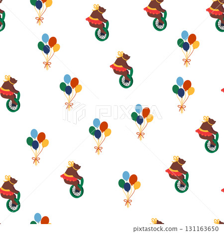 Seamless pattern with CIRCUS theme. Clowns, strongmen, lions, magic hat, hare in hat, holiday balloons tents. Circus characters. Cartoon flat style 131163650