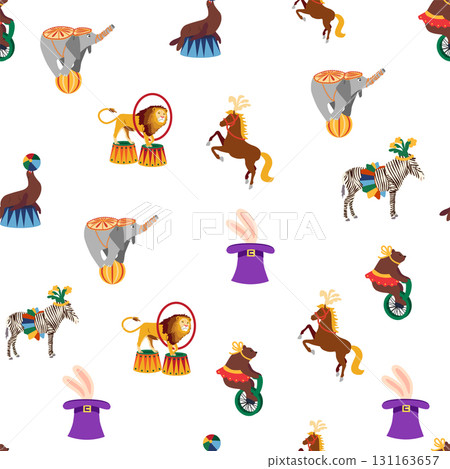 Seamless pattern with CIRCUS theme. Clowns, strongmen, lions, magic hat, hare in hat, holiday balloons tents. Circus characters. Cartoon flat style Seamless pattern with CIRCUS theme. Clowns, strongmen, lions, magic hat, hare in hat, holiday balloons tents. Circus characters. Cartoon flat style 131163657