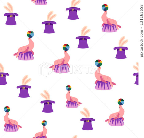 Seamless pattern with CIRCUS theme. Clowns, strongmen, lions, magic hat, hare in hat, holiday balloons tents. Circus characters. Cartoon flat style 131163658