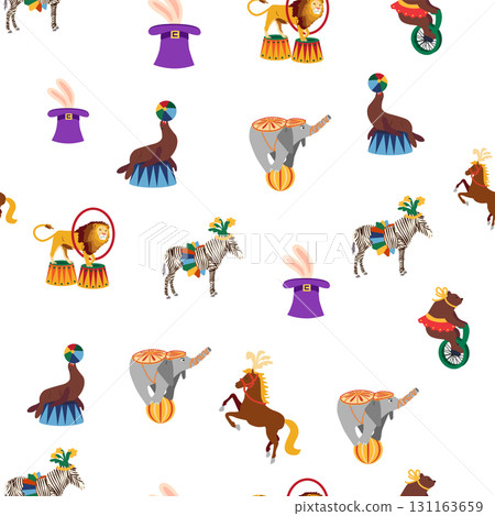 Seamless pattern with CIRCUS theme. Clowns, strongmen, lions, magic hat, hare in hat, holiday balloons tents. Circus characters. Cartoon flat style Seamless pattern with CIRCUS theme. Clowns, strongmen, lions, magic hat, hare in hat, holiday balloons tents. Circus characters. Cartoon flat style 131163659