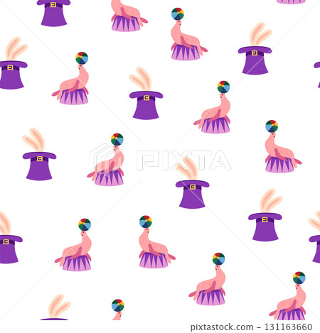 Seamless pattern with CIRCUS theme. Clowns, strongmen, lions, magic hat, hare in hat, holiday balloons tents. Circus characters. Cartoon flat style Seamless pattern with CIRCUS theme. Clowns, strongmen, lions, magic hat, hare in hat, holiday balloons tents. Circus characters. Cartoon flat style 131163660