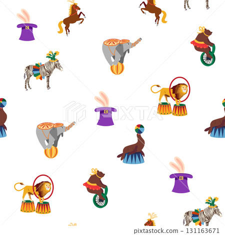 Seamless pattern with CIRCUS theme. Clowns, strongmen, lions, magic hat, hare in hat, holiday balloons tents. Circus characters. Cartoon flat style Seamless pattern with CIRCUS theme. Clowns, strongmen, lions, magic hat, hare in hat, holiday balloons tents. Circus characters. Cartoon flat style 131163671